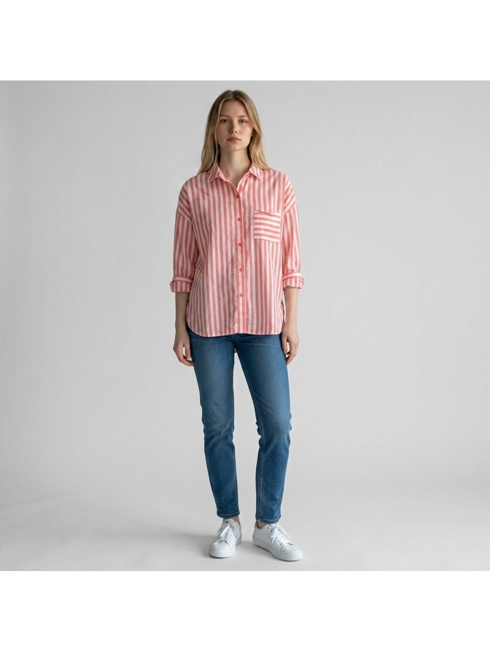 Joyspun Shirt Women S Small Pink Striped Button Up Collared 3/4 Sleeve Pockets